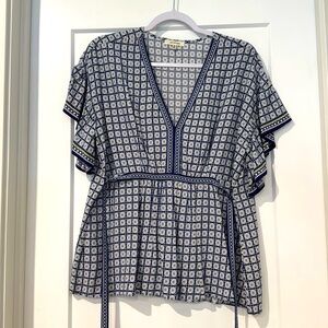 Max Studio Blue, Gold and White Flutter Sleeve Blouse that ties in the back
